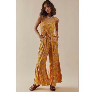Free People‎ Little Of Your Love Wide Leg Jumpsuit in Marigold Combo Size Small